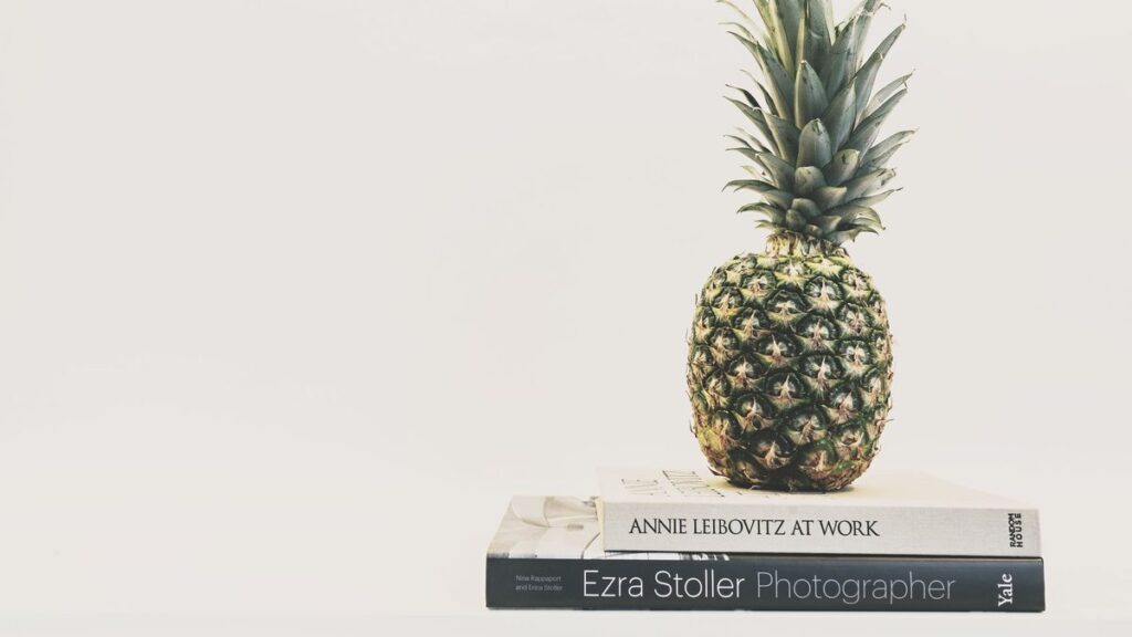 A pineapple resting on two stacked photography books against a plain backdrop.