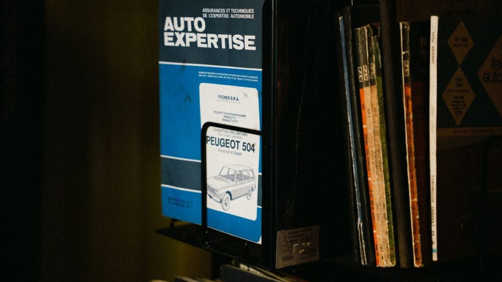 Vintage Auto Expertise book and Peugeot manuals neatly on a shelf.