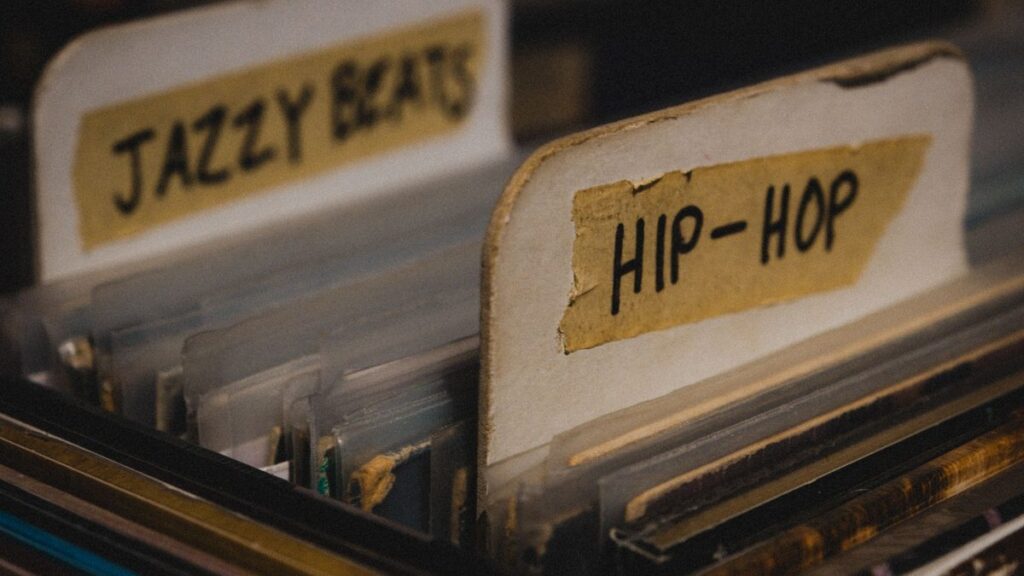 Vinyl records categorized under 'Jazzy Beats' and 'Hip-Hop' in a vintage collection.