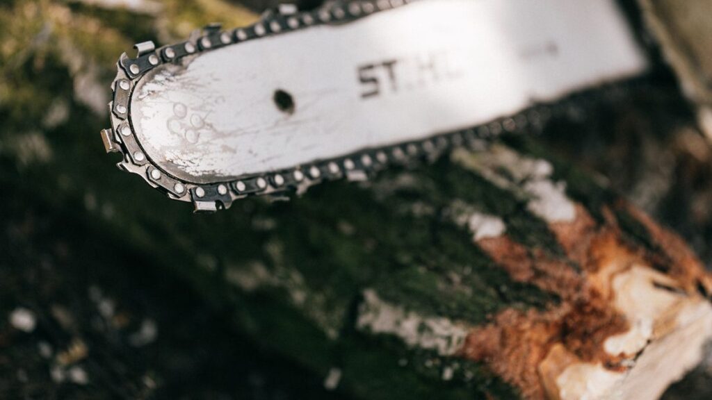 Detailed image of a chainsaw cutting into a log, showcasing metal blades and wood texture.